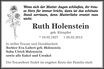 Traueranzeige von Ruth Holenstein von WVG - Wochenspiegel Dessau / Köthen