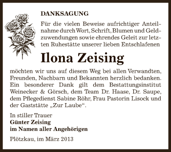 Traueranzeige von Ilona Zeising von Super Sonntag Bernburg