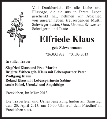 Traueranzeige von Elfriede Klaus von WVG - Wochenspiegel Aschersleben