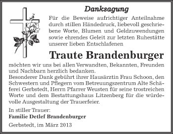 Traueranzeige von Traute Brandenburger von Wochenspiegel Mansfelder Land