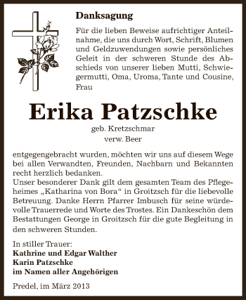 Traueranzeige von Erika Patzschke von Super Sonntag Zeitz