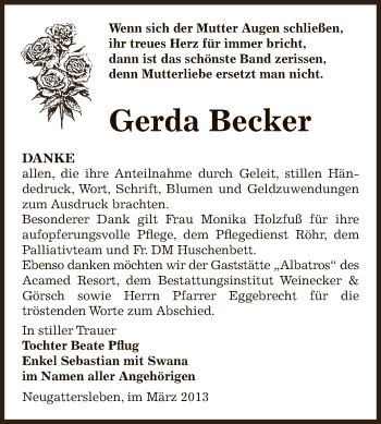 Traueranzeige von Gerda Becker von Super Sonntag Bernburg