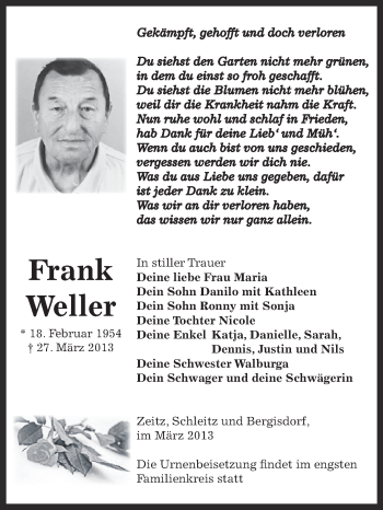 Traueranzeige von Frank Weller von Super Sonntag Zeitz
