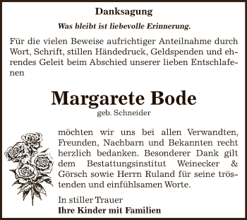 Traueranzeige von Margarete Bode von Super Sonntag Bernburg