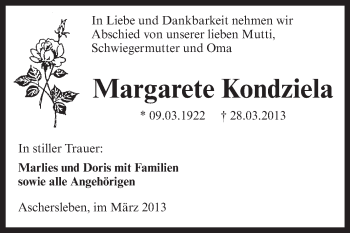 Traueranzeige von Margarete Kondziela von Super Sonntag Aschersleben