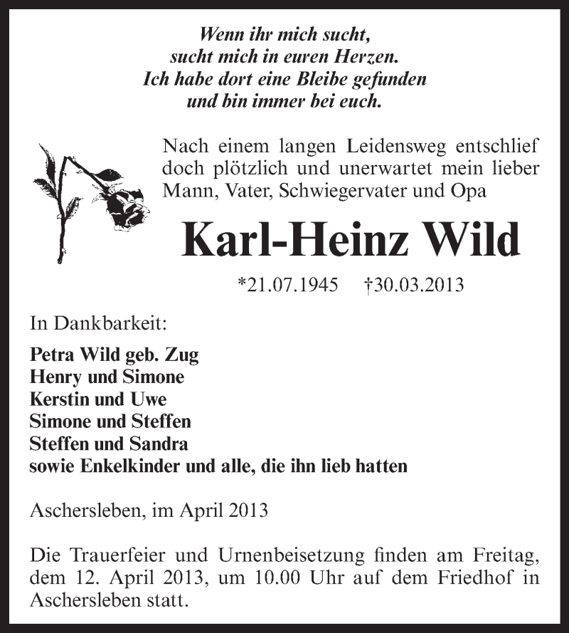  Traueranzeige für Karl-Heinz Wild vom 07.04.2013 aus Super Sonntag Aschersleben
