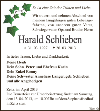 Traueranzeige von Harald Schlieben von Super Sonntag Zeitz