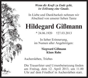 Traueranzeige von Hildegard Gißmann von WVG - Wochenspiegel Aschersleben