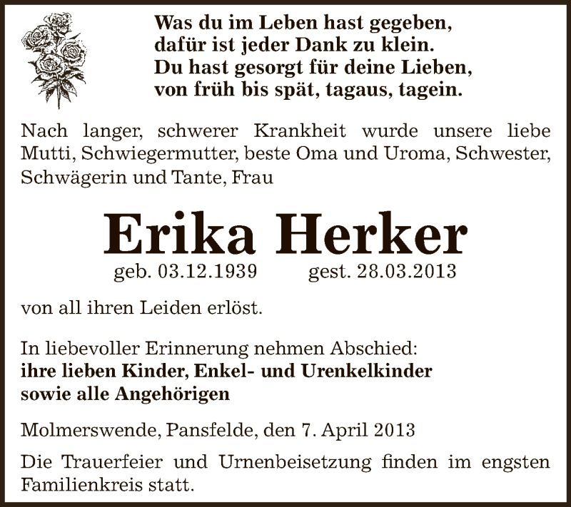  Traueranzeige für Erika Herker vom 07.04.2013 aus Super Sonntag SGH Mansf. Land