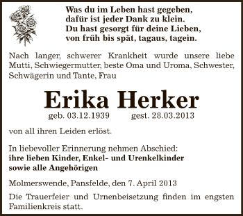Traueranzeige von Erika Herker von Super Sonntag SGH Mansf. Land