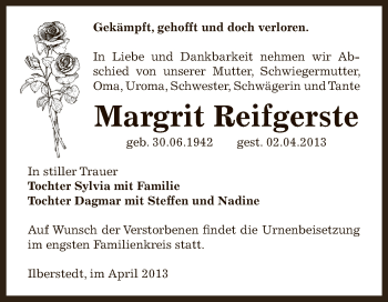 Traueranzeige von Margrit Reifgerste von Super Sonntag Bernburg