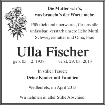 Traueranzeige von Ulla Fischer von WVG - Wochenspiegel NMB / WSF / ZTZ