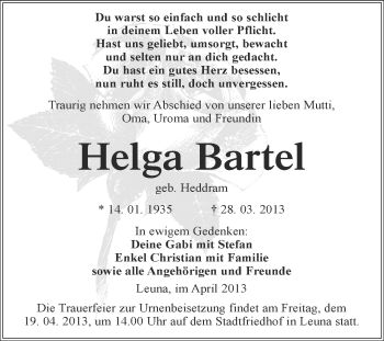 Traueranzeige von Helga Bartel von Super Sonntag Merseburg
