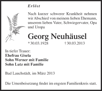 Traueranzeige von Georg Neuhäusel von Super Sonntag Merseburg