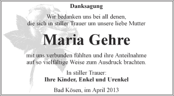 Traueranzeige von Maria Gehre von WVG - Wochenspiegel NMB / WSF / ZTZ