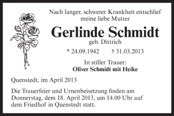 Traueranzeige von Gerlinde Schmidt von WVG - Wochenspiegel Aschersleben