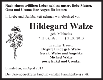 Traueranzeige von Hildegard Walze von WVG - Wochenspiegel Aschersleben