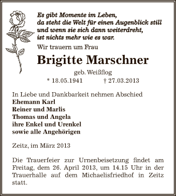 Traueranzeige von Brigitte Marschner von Super Sonntag Zeitz