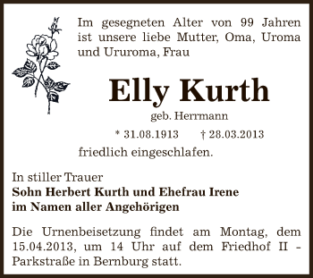 Traueranzeige von Elly Kurth von Super Sonntag Bernburg