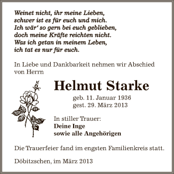 Traueranzeige von Helmut Starke von Super Sonntag Zeitz