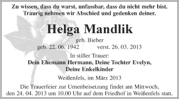 Traueranzeige von Helga Mandlik von WVG - Wochenspiegel NMB / WSF / ZTZ