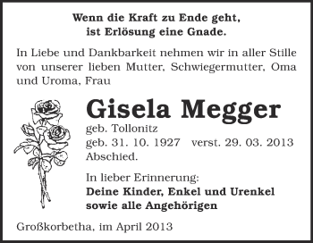Traueranzeige von Gisela Megger von WVG - Wochenspiegel NMB / WSF / ZTZ