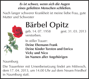 Traueranzeige von Bärbel Opitz von WVG - Wochenspiegel NMB / WSF / ZTZ