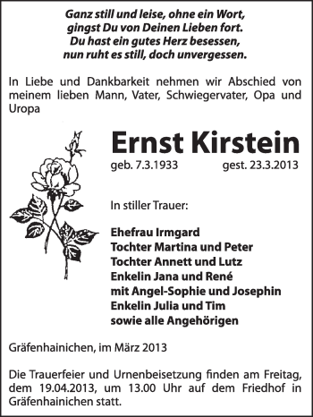 Traueranzeige von Ernst Kirstein von WVG - Wochenspiegel Wittenberg