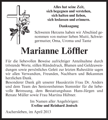 Traueranzeige von Marianne Löffler von Super Sonntag Aschersleben