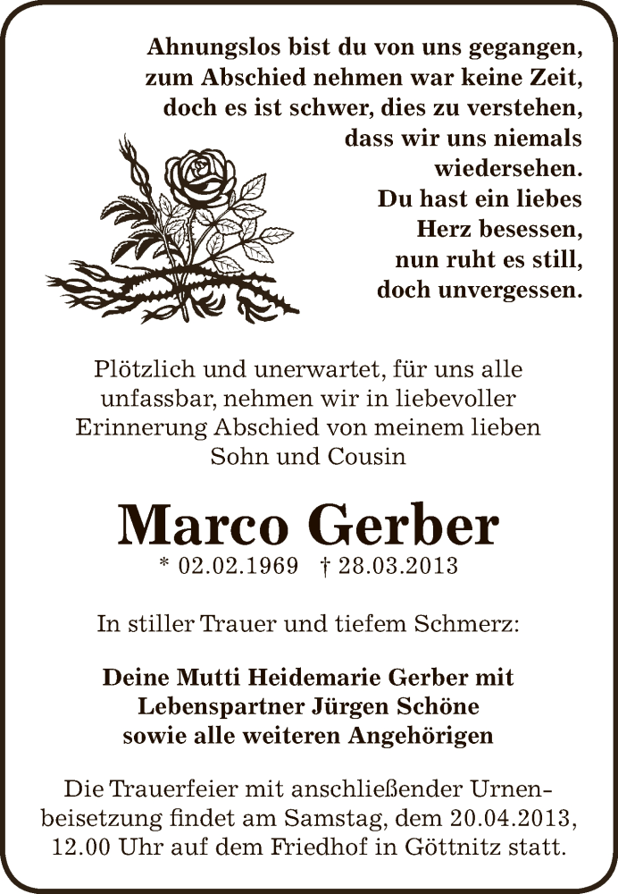  Traueranzeige für Marco Gerber vom 10.04.2013 aus WVG - Wochenspiegel Bitterfeld