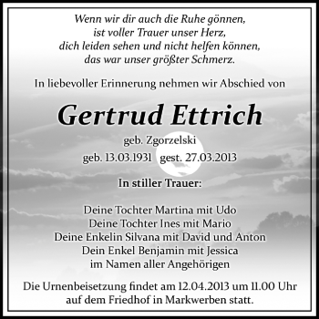 Traueranzeige von Gertrud Ettrich von WVG - Wochenspiegel NMB / WSF / ZTZ
