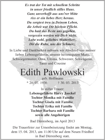 Traueranzeige von Edith Pawlowski von Super Sonntag Merseburg