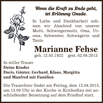 Traueranzeige von Marianne Fehse von Super Sonntag Bernburg