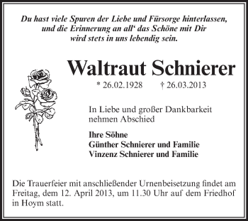 Traueranzeige von Waltraut Schnierer von Super Sonntag Aschersleben