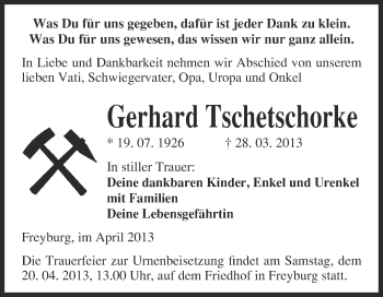 Traueranzeige von Gerhard Tschetschorke von WVG - Wochenspiegel Merseburg