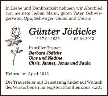 Traueranzeige von Günter Jödicke von WVG - Wochenspiegel SGH