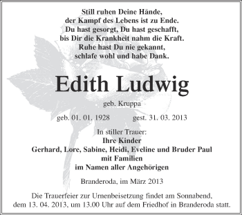Traueranzeige von Edith Ludwig von WVG - Wochenspiegel Merseburg