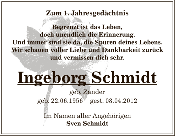 Traueranzeige von Ingeborg Schmidt von WVG - Wochenspiegel Dessau / Köthen