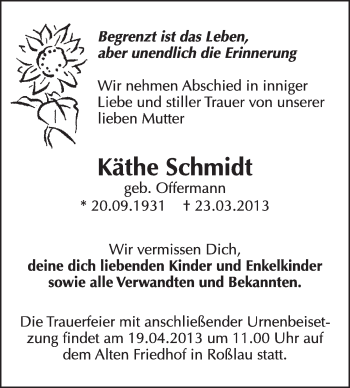 Traueranzeige von Käthe Schmidt von Super Sonntag Dessau / Köthen