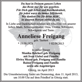 Traueranzeige von Anneliese Freigang von Super Sonntag Dessau / Köthen