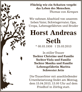 Traueranzeige von Horst Andreas Seth von WVG - Wochenspiegel Bitterfeld