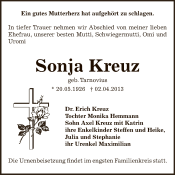 Traueranzeige von Sonja Kreuz von Super Sonntag Bernburg