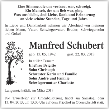 Traueranzeige von Manfred Schubert von WVG - Wochenspiegel Merseburg