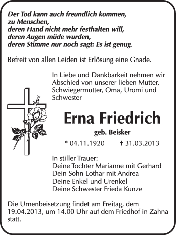 Traueranzeige von Erna Friedrich von Super Sonntag Wittenberg