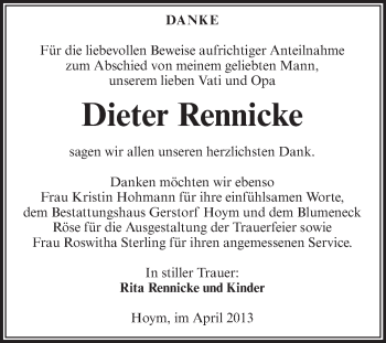 Traueranzeige von Dieter Rennicke von Super Sonntag Aschersleben