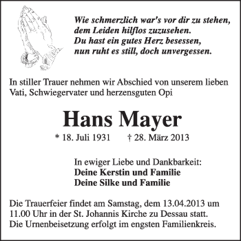 Traueranzeige von Hans Mayer von Super Sonntag Dessau / Köthen