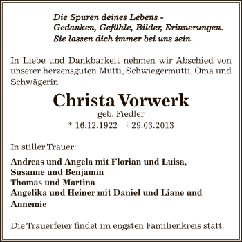Traueranzeige von Christa Vorwerk von WVG - Wochenspiegel Dessau / Köthen