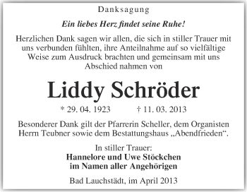 Traueranzeige von Liddy Schröder von WVG - Wochenspiegel Merseburg