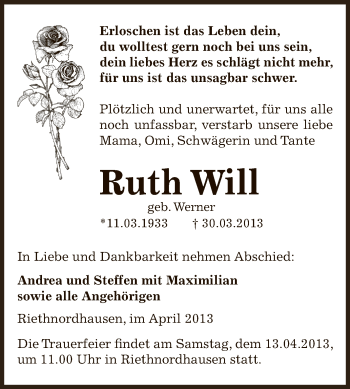 Traueranzeige von Ruth Will von Super Sonntag SGH Mansf. Land