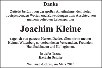 Traueranzeige von Joachim Kleine von Super Sonntag Wittenberg